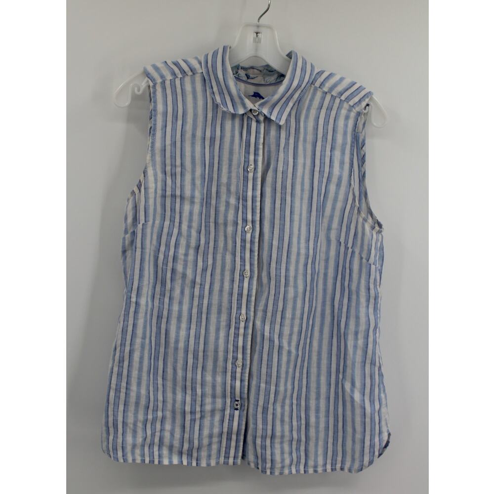 Tommy Bahama Womens Linen Blue White Sleeveless Top Size Medium